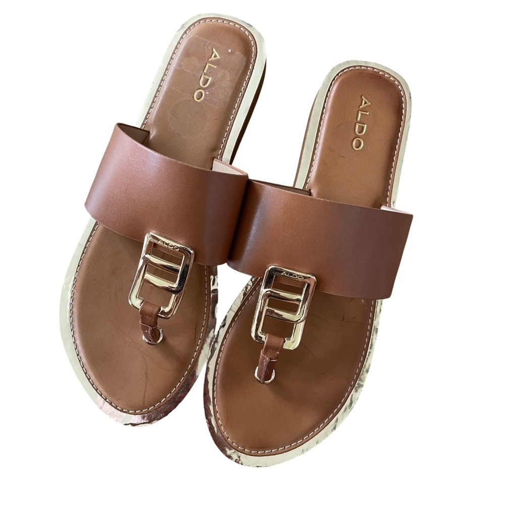 Aldo Daliah Brown Thong Sandals with Gold Trim and Accent Size 9